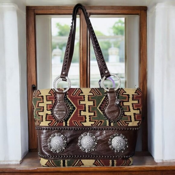 Raviani Navajo Tapestry Large Handbag Swarovski Rhinestone Zip Closure Purse - Picture 1 of 16